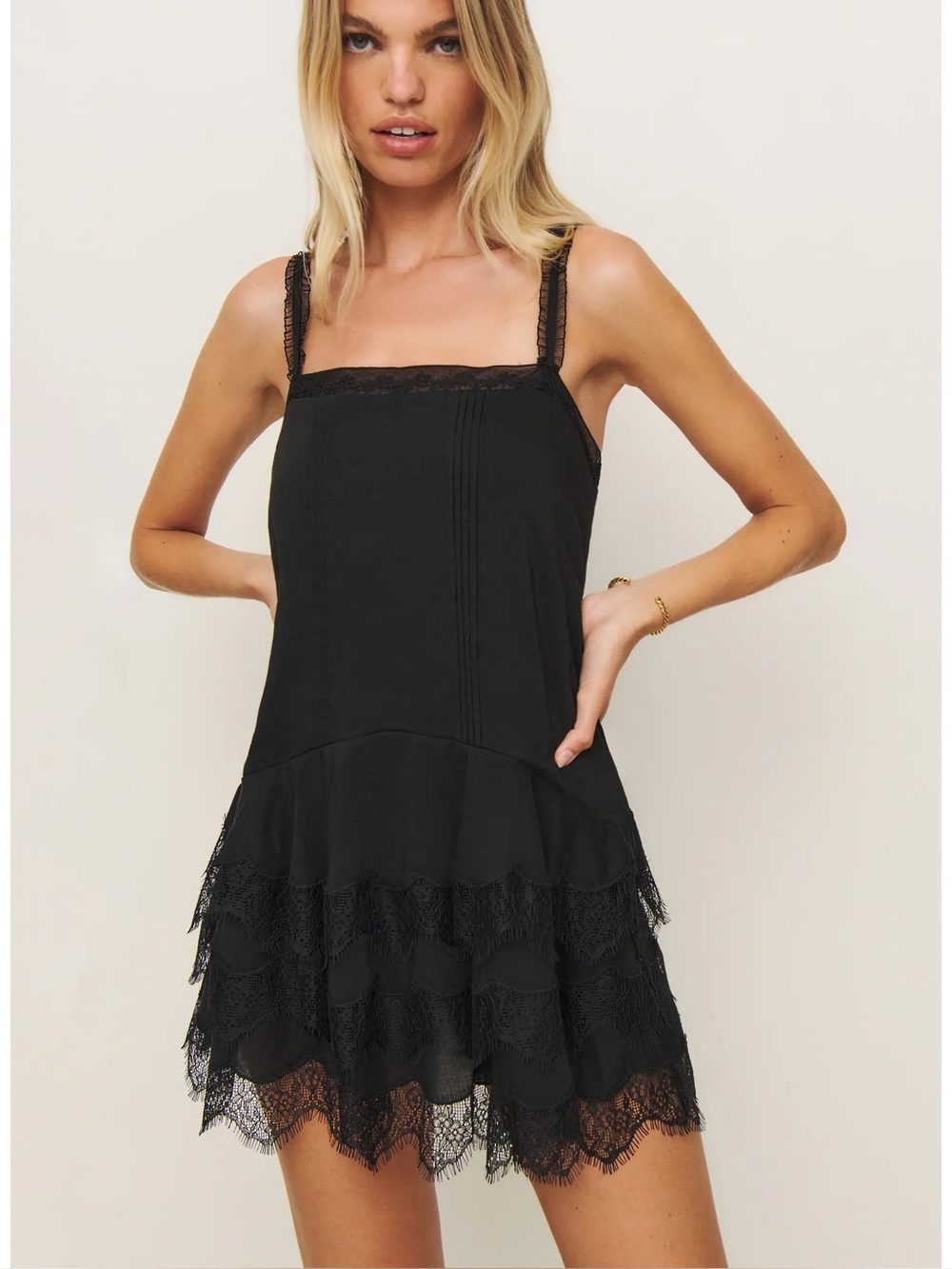Reformation Cleodora Black Lace-Trim Slip Mini Dress - Picture 2 of 6